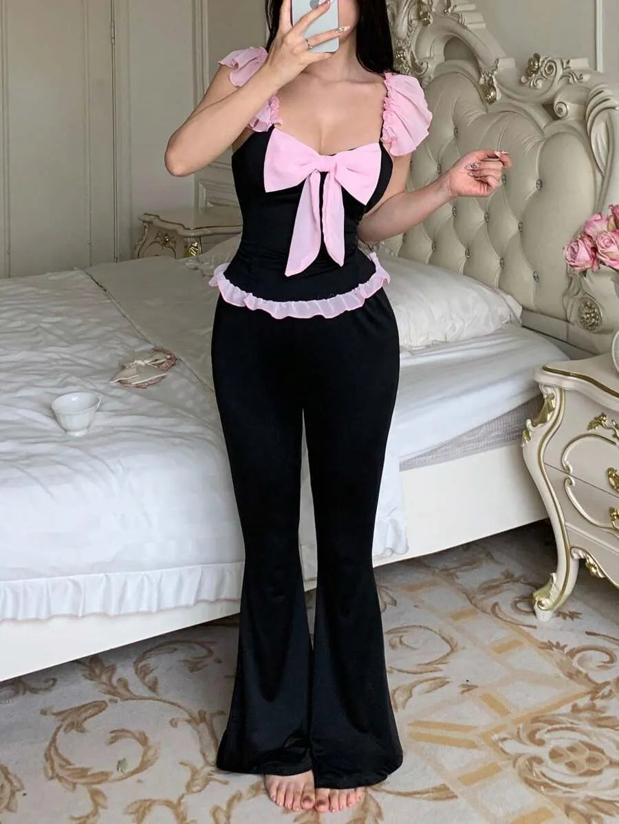 SHEIN طقم بيجاما بلون أسود توب قصير بدون أكمام وبنطلون طويل