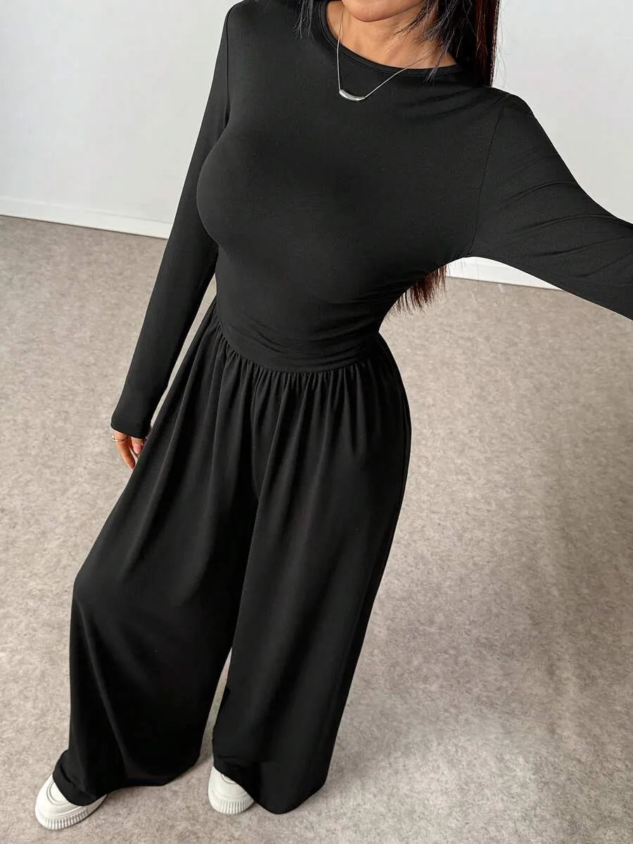SHEIN Unity جمبسوت نسائي بياقة دائرية وأكمام طويلة بلون الأسود