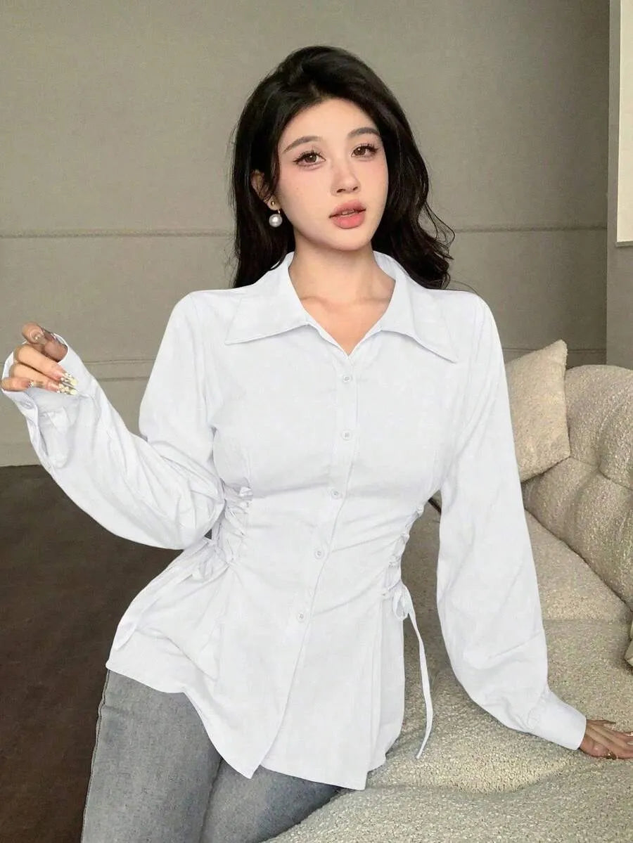 SHEIN Modelyn قميص نسائي فضفاض طويل بأزرار ورباط خصر بلون أبيض