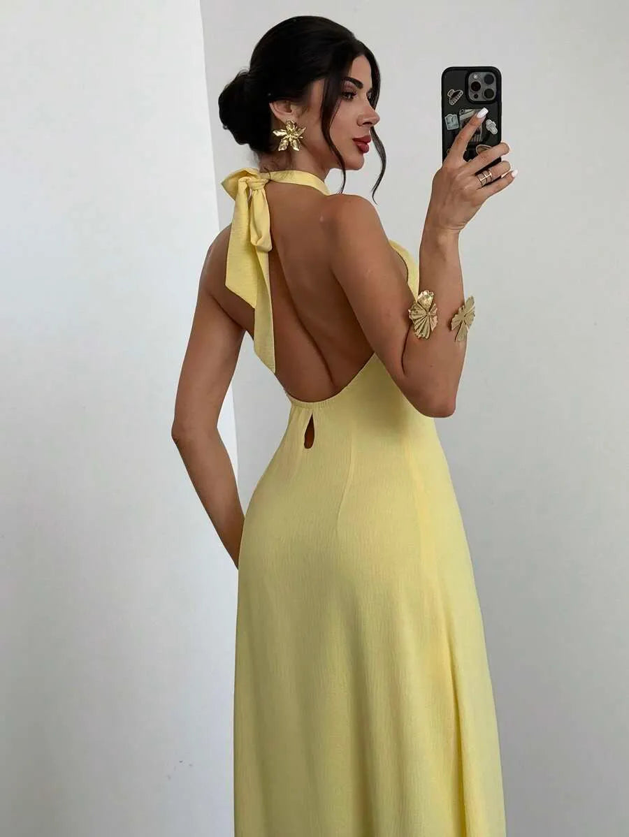 SHEIN Firerie فستان طويل فضفاض بدون أكمام وظهر مكشوف بلون أصفر فاتح