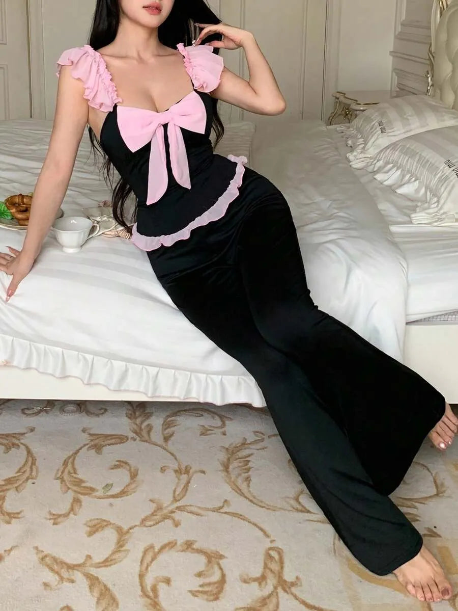 SHEIN طقم بيجاما بلون أسود توب قصير بدون أكمام وبنطلون طويل