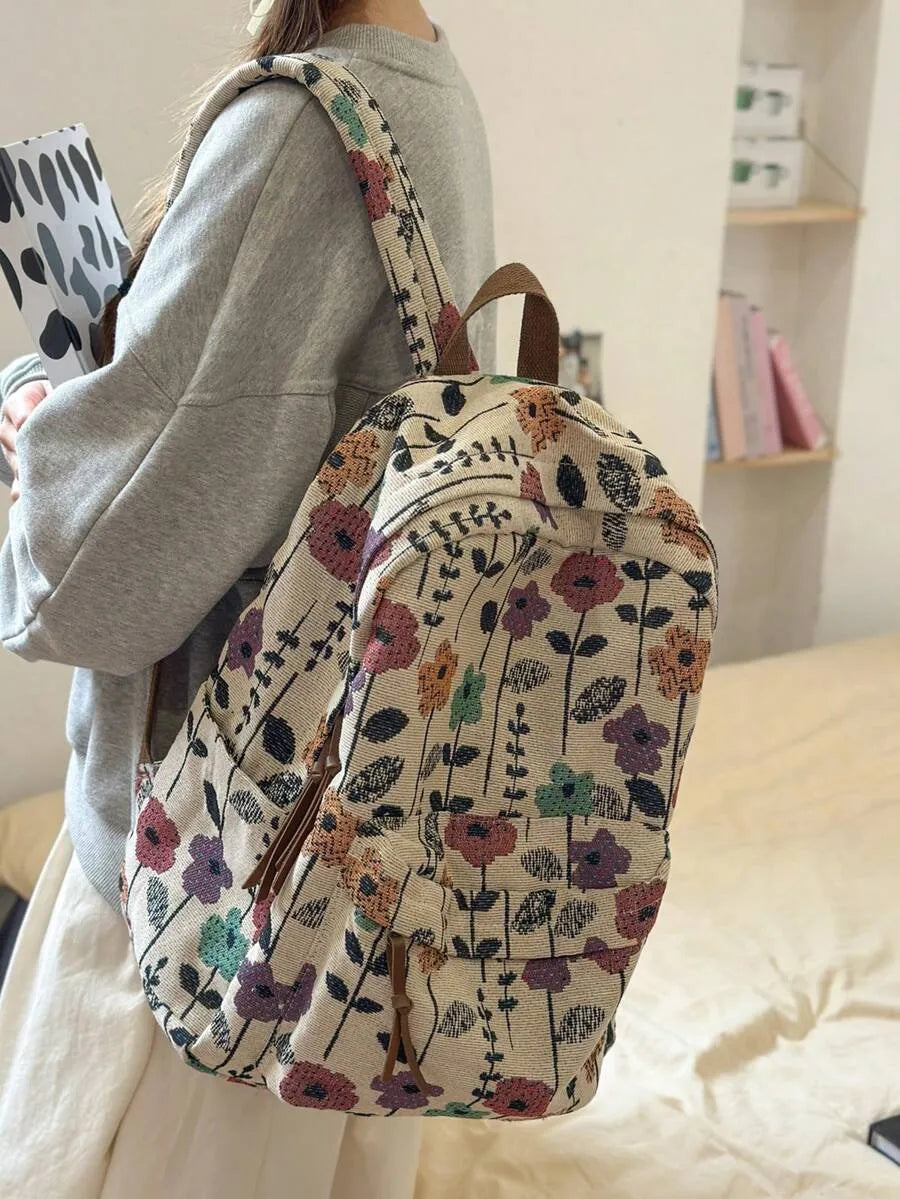 SHEIN حقيبة ظهر نسائية متعددة الأقسام بنمط زهري للكمبيوتر المحمول من النايلون