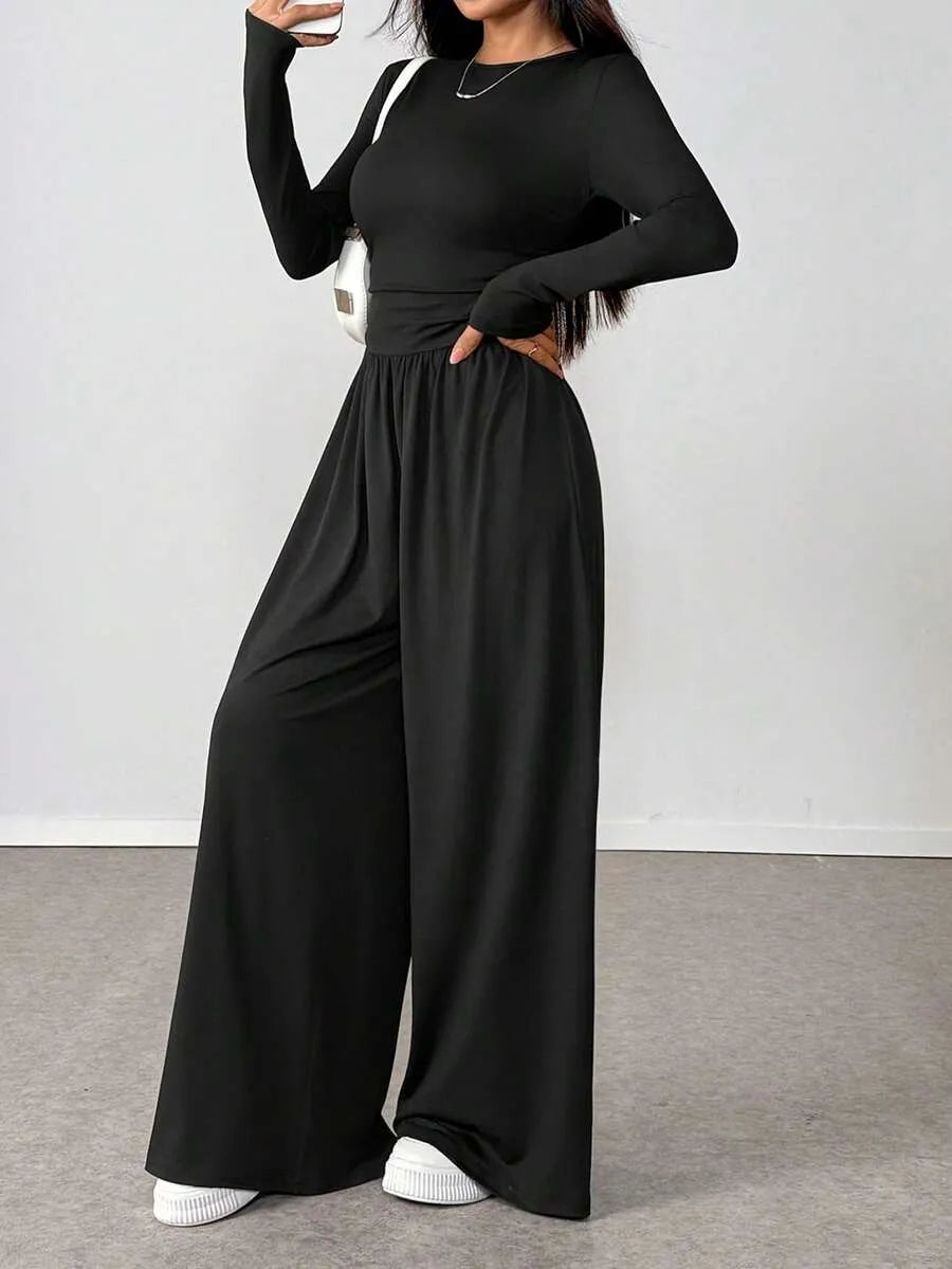 SHEIN Unity جمبسوت نسائي بياقة دائرية وأكمام طويلة بلون الأسود