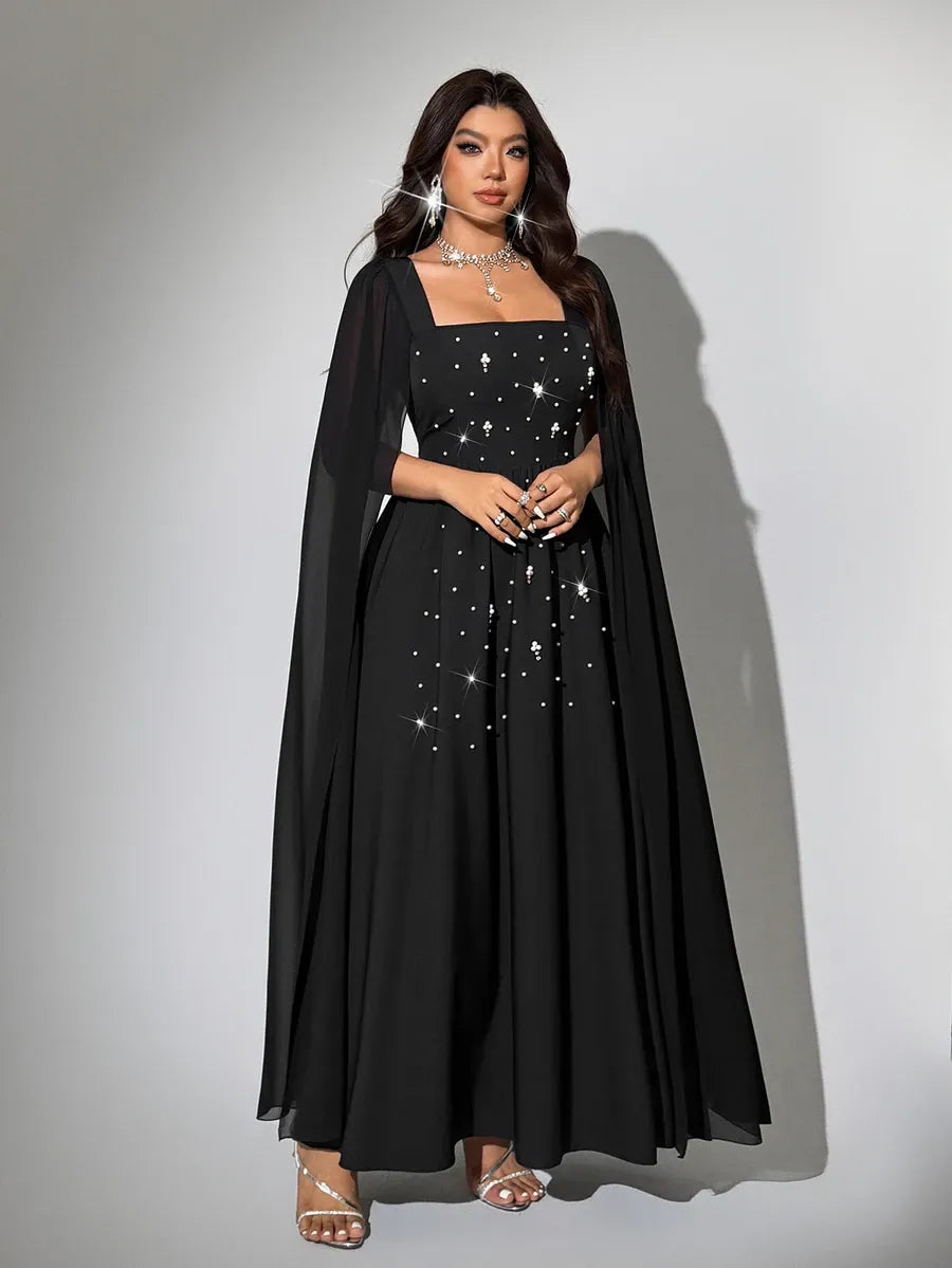 SHEIN Viva Relle فستان ماكسي بياقة مربعة وأكمام عباءة وخرز لامع بلون الأسود