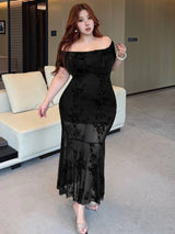 SHEIN REIGN AVE فستان سهرة من الساتان بتطريز مخملي وكتف مكشوف بلون أسود
