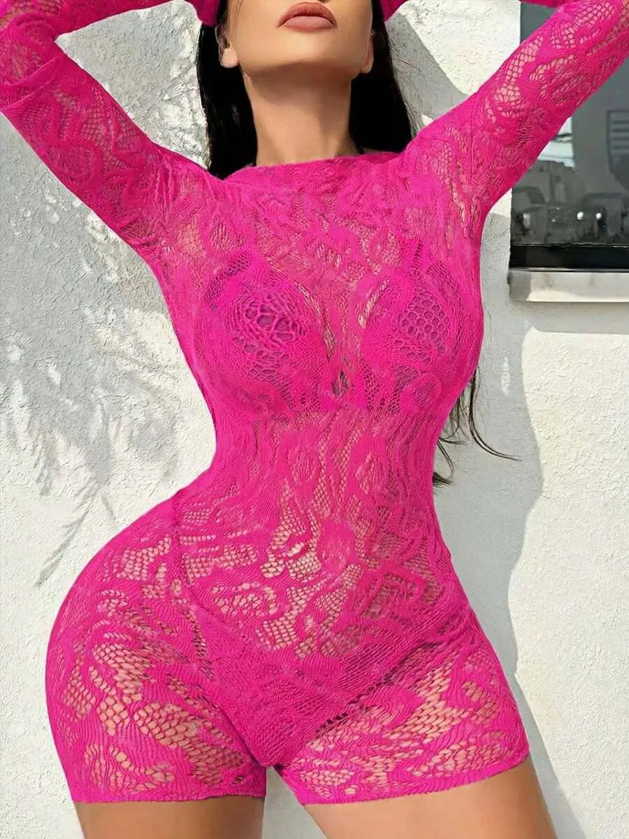 SHEIN ChaseTheNight بودي سوت شبكي شفاف بحمالات قابلة للتعديل بلون روز أحمر