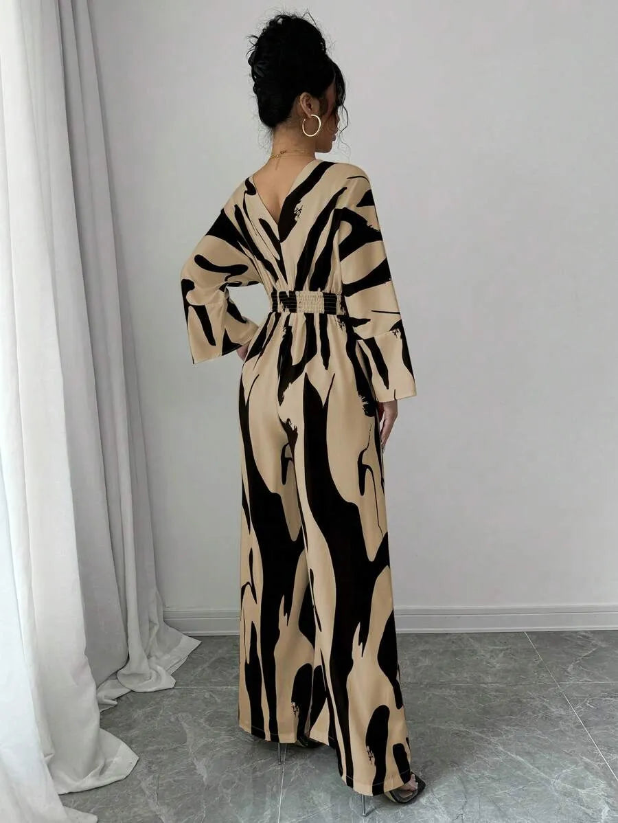 SHEIN Rafferiza جمبسوت نسائي بفتحة غير متناسقة وياقة وساق واسعة بلون كاكي