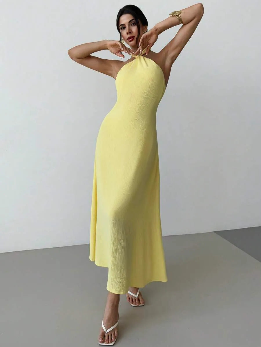 SHEIN Firerie فستان طويل فضفاض بدون أكمام وظهر مكشوف بلون أصفر فاتح