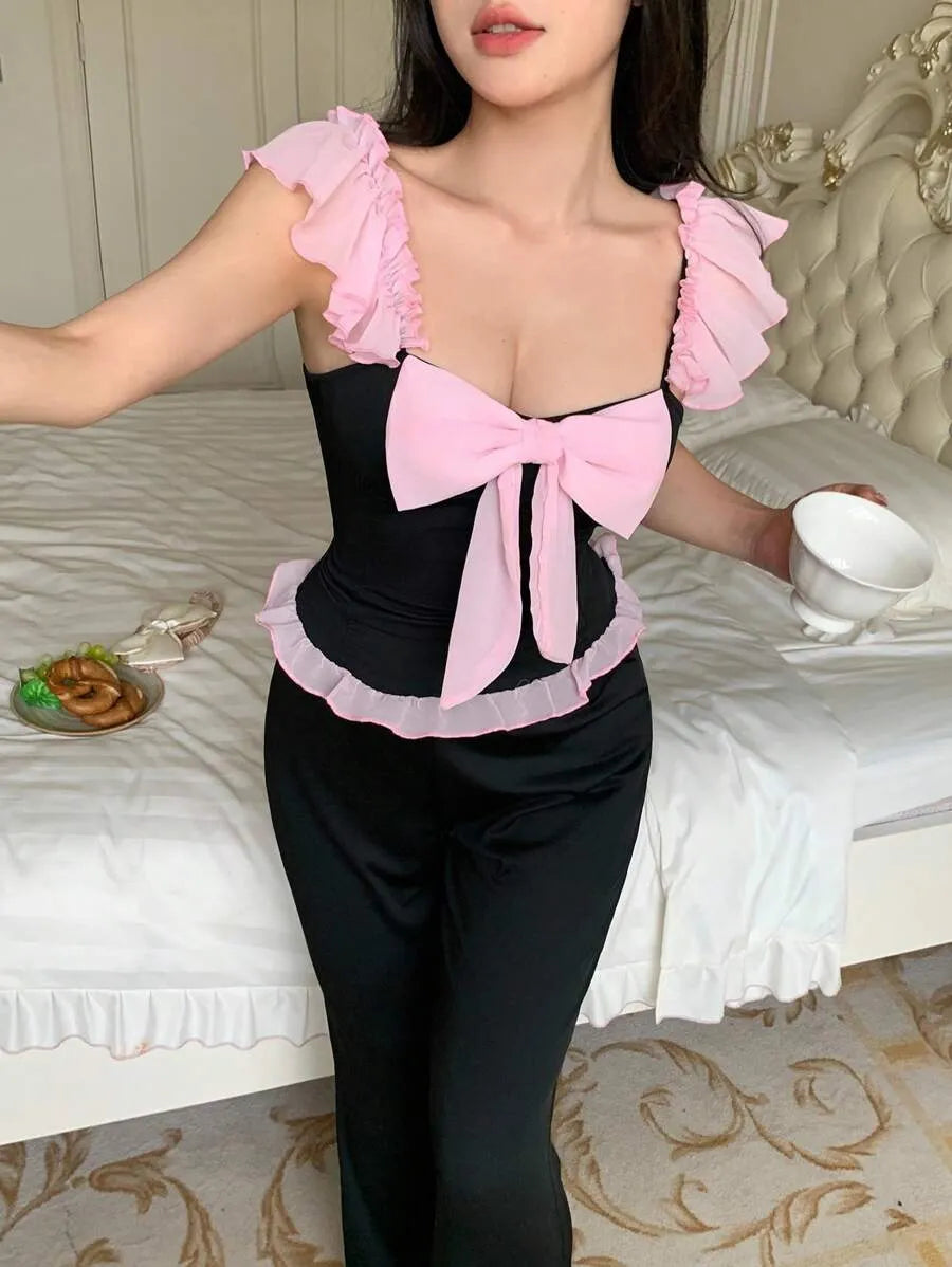 SHEIN طقم بيجاما بلون أسود توب قصير بدون أكمام وبنطلون طويل