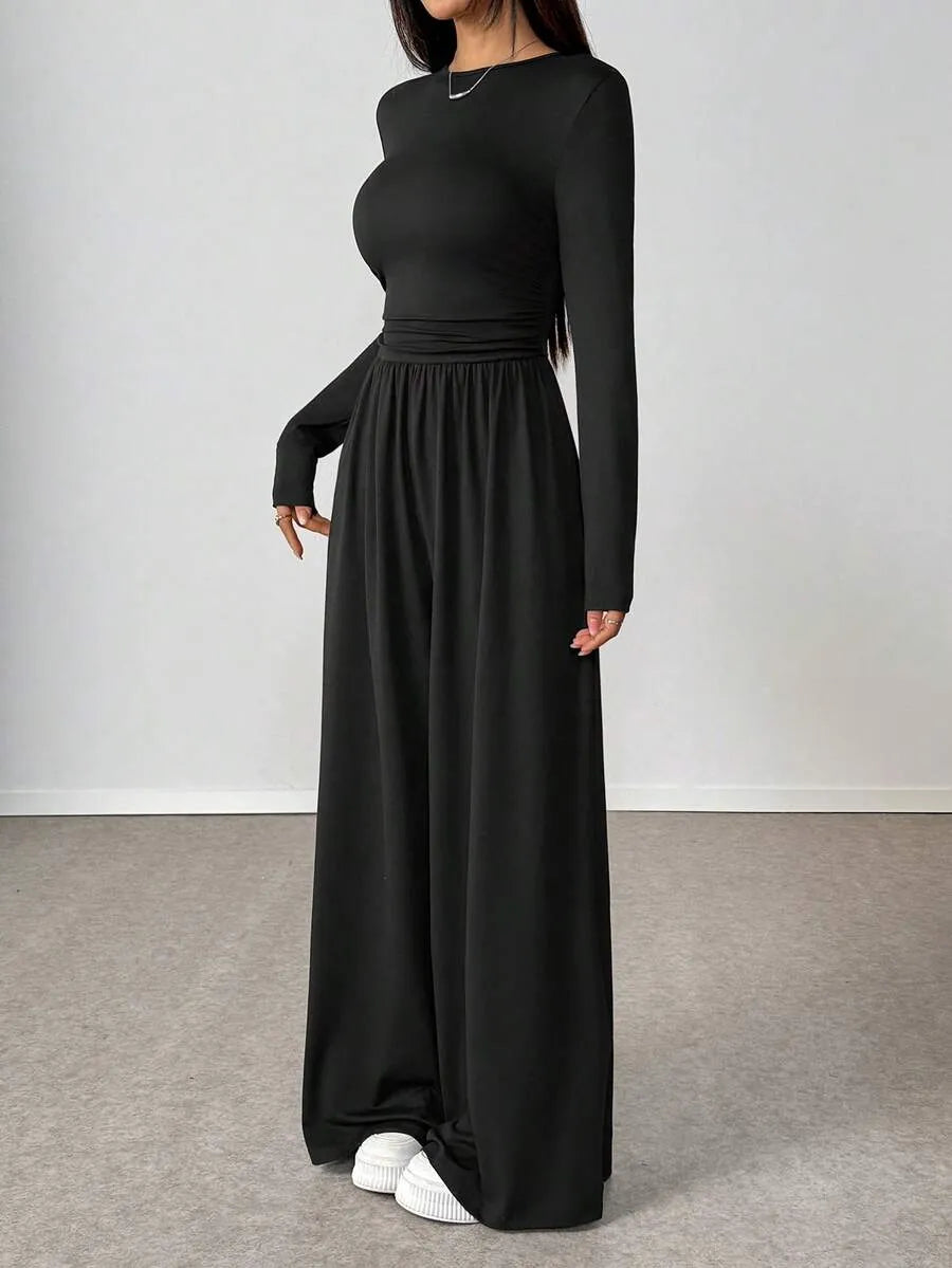 SHEIN Unity جمبسوت نسائي بياقة دائرية وأكمام طويلة بلون الأسود