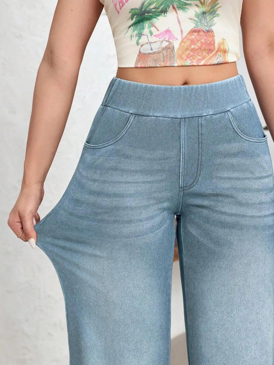 SHEIN Flexra بنطلون جينز بخصر مطاطي وساق واسعة بخصر عالٍ بلون أزرق ضبابي