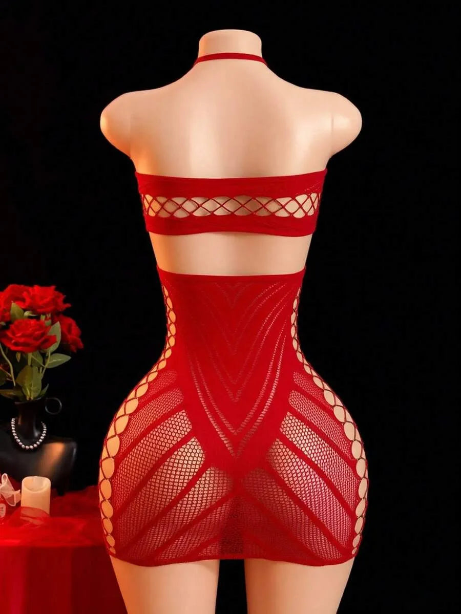 SHEIN ChaseTheNight فستان لانجري نسائي قصير شبكي مفرغ وشفاف بحمالات رفيعة بلون أحمر