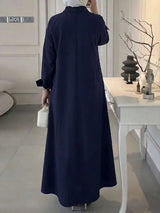 SHEIN قميص طويل فضفاض بياقة كلاسيكية وأزرار أمامية وفتحات جانبية بلون أزرق غامق