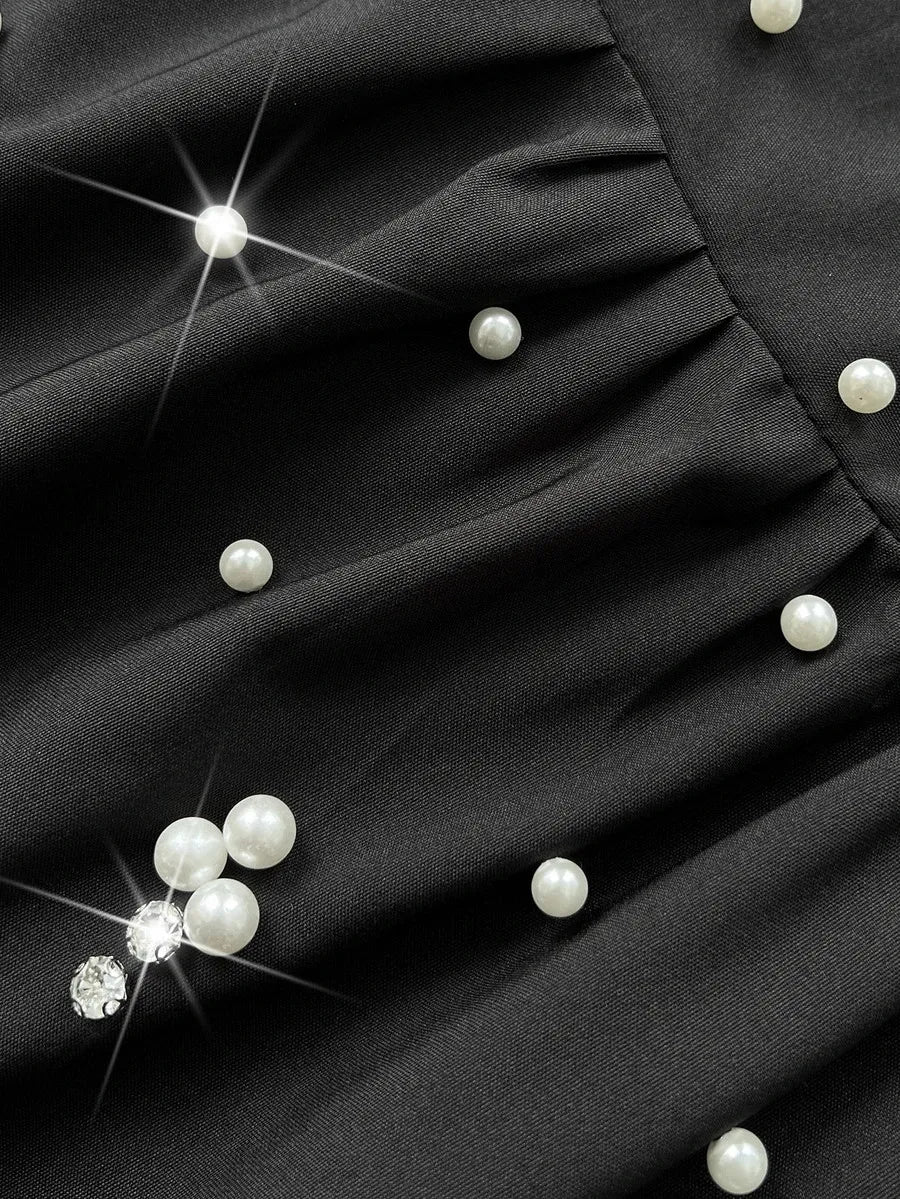 SHEIN Viva Relle فستان ماكسي بياقة مربعة وأكمام عباءة وخرز لامع بلون الأسود