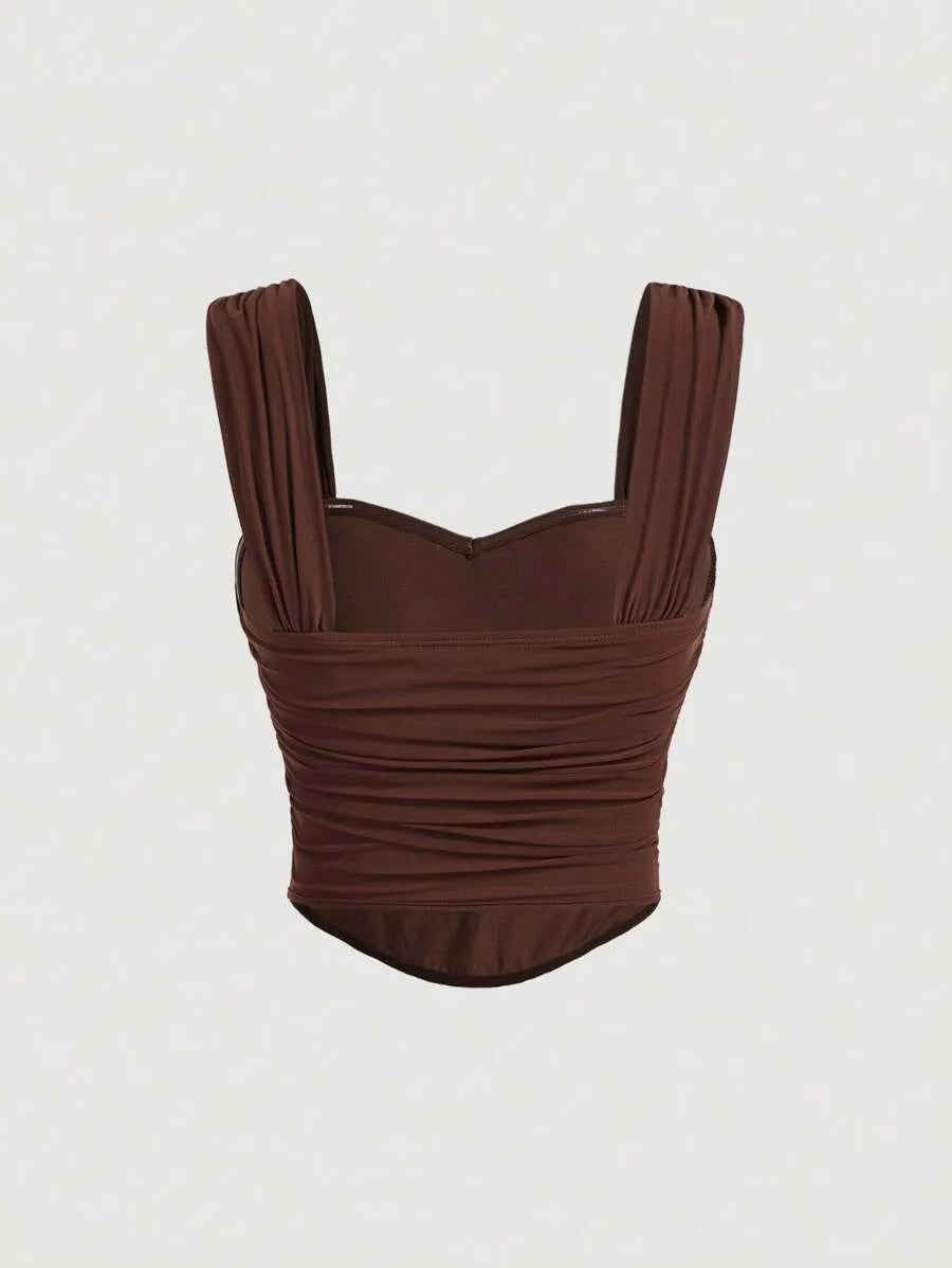 SHEIN MOD توب نسائي مكشكش بأشرطة كتف عريضة بلون بني شوكولاتة