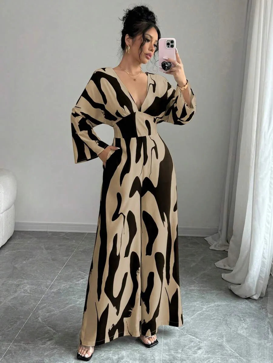 SHEIN Rafferiza جمبسوت نسائي بفتحة غير متناسقة وياقة وساق واسعة بلون كاكي