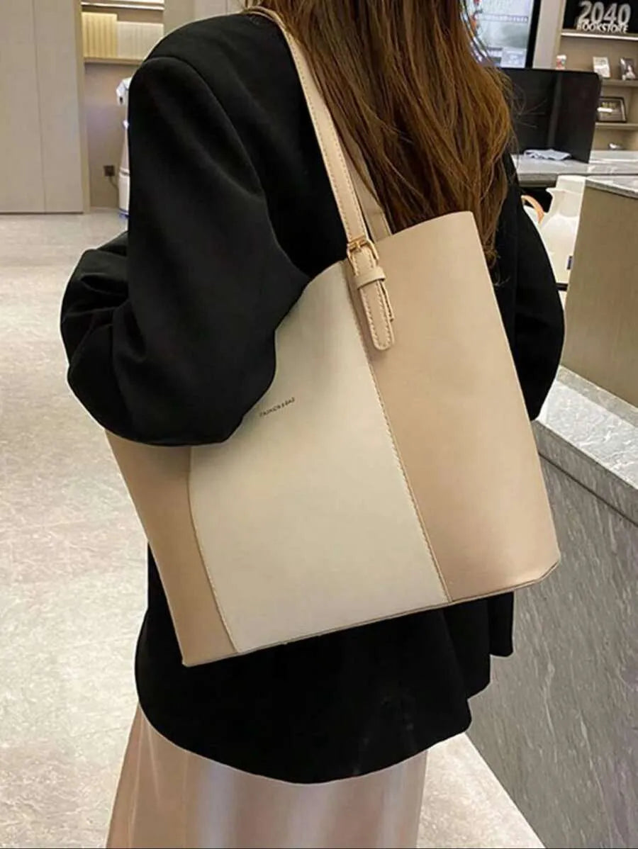 SHEIN حقيبة يد وكتف سوداء كبيرة من جلد البولي يوريثان بسيطة