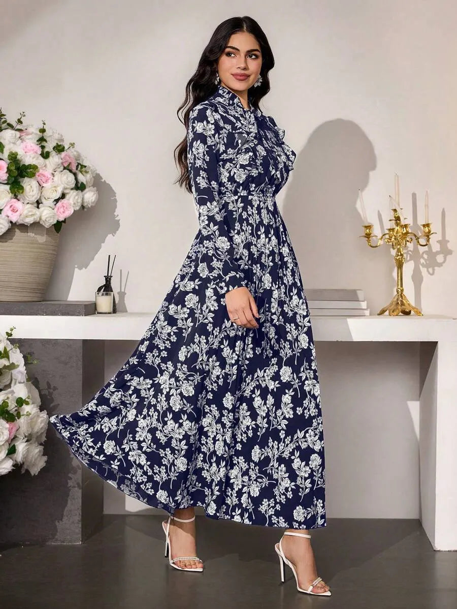 SHEIN Mulvari فستان ماكسي بياقة دائرية وأكمام طويلة بنقشة زهور بلون أزرق بحري