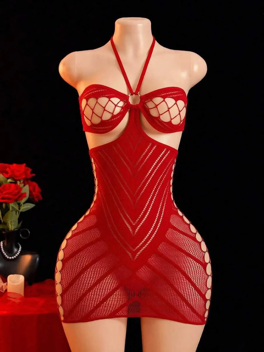 SHEIN ChaseTheNight فستان لانجري نسائي قصير شبكي مفرغ وشفاف بحمالات رفيعة بلون أحمر