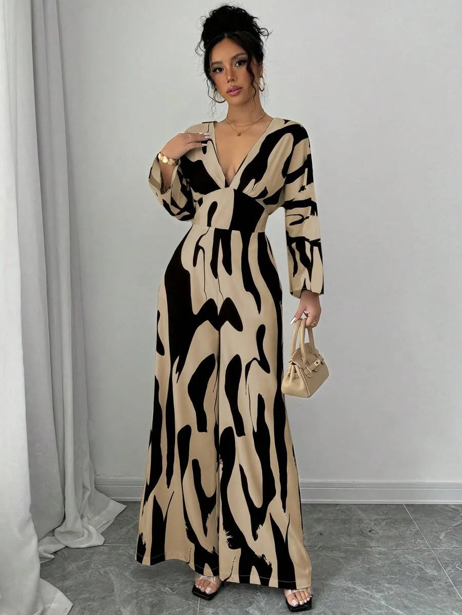 SHEIN Rafferiza جمبسوت نسائي بفتحة غير متناسقة وياقة وساق واسعة بلون كاكي