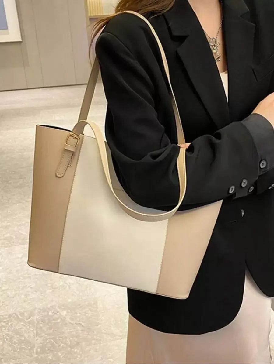 SHEIN حقيبة يد وكتف سوداء كبيرة من جلد البولي يوريثان بسيطة