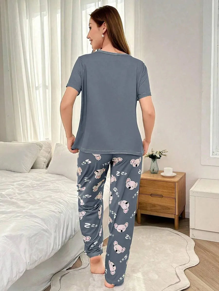 SHEIN Dream Adore بيجامة 2 قطعة بلون متعدد الألوان وأكمام قصيرة وبنطلون طويل