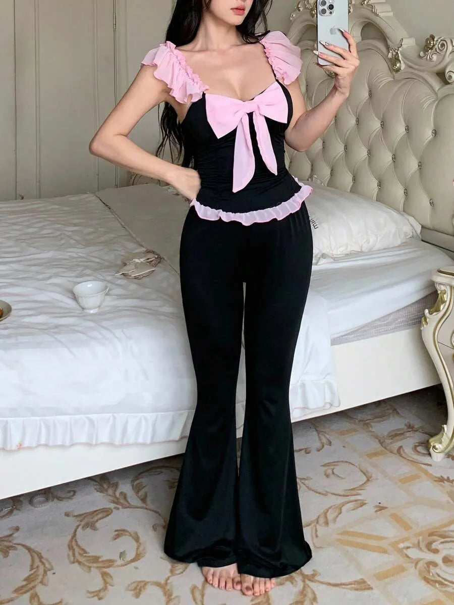 SHEIN طقم بيجاما بلون أسود توب قصير بدون أكمام وبنطلون طويل
