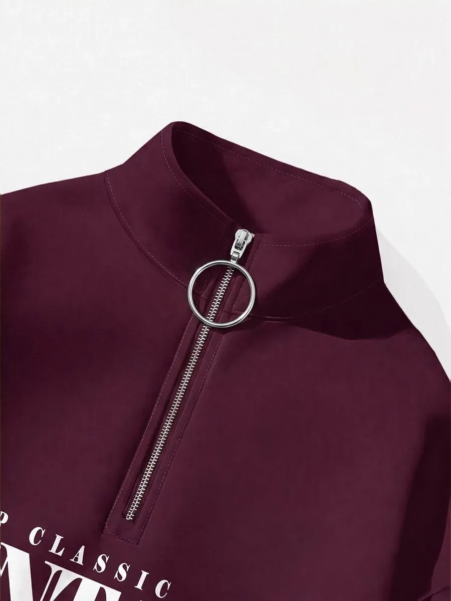 SHEIN Attitoon سويت شيرت فضفاض بنصف سحاب بطبعة سيارة وشعار بلون أحمر بنفسجي