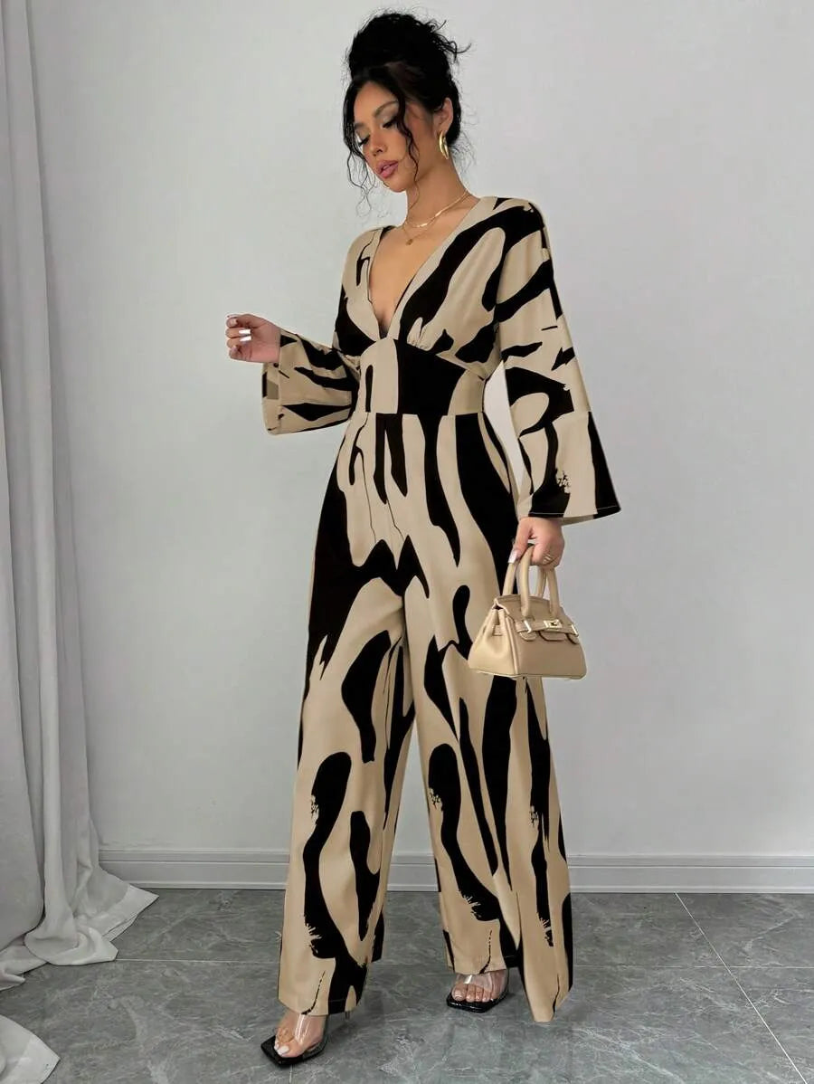 SHEIN Rafferiza جمبسوت نسائي بفتحة غير متناسقة وياقة وساق واسعة بلون كاكي