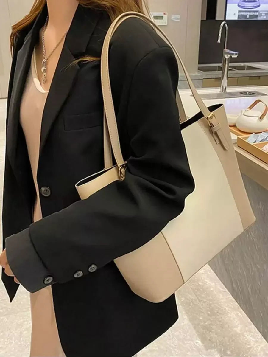 SHEIN حقيبة يد وكتف سوداء كبيرة من جلد البولي يوريثان بسيطة