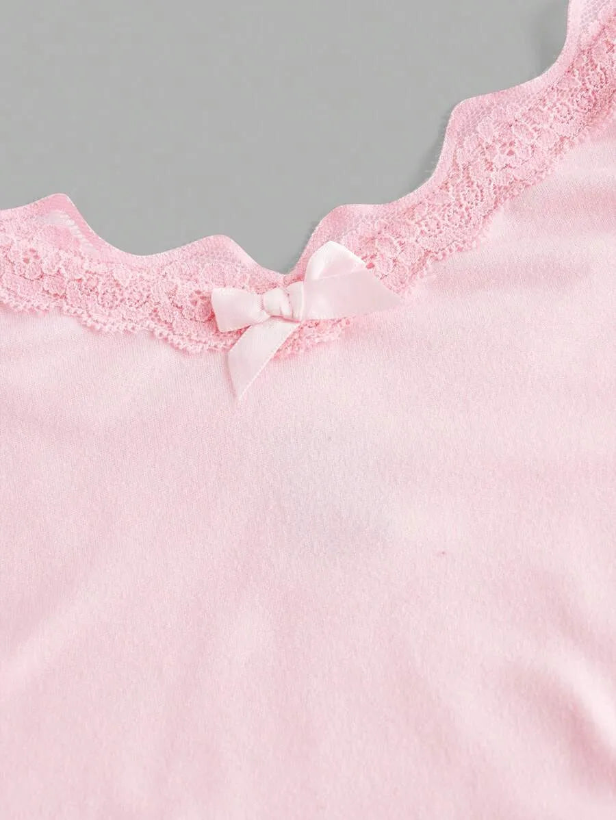 SHEIN MOD طقم توب كامي نسائي قصير 2 قطعة بخصر مجعد وفيونكة وحافة دانتيل متعدد الألوان