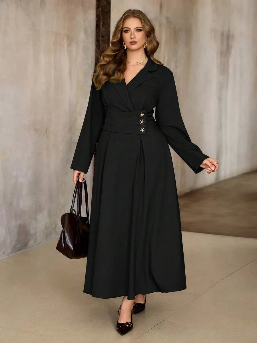 SHEIN Roveilla فستان تويد طويل بياقة غربية وخصر مطوي وأكمام طويلة بلون الأسود