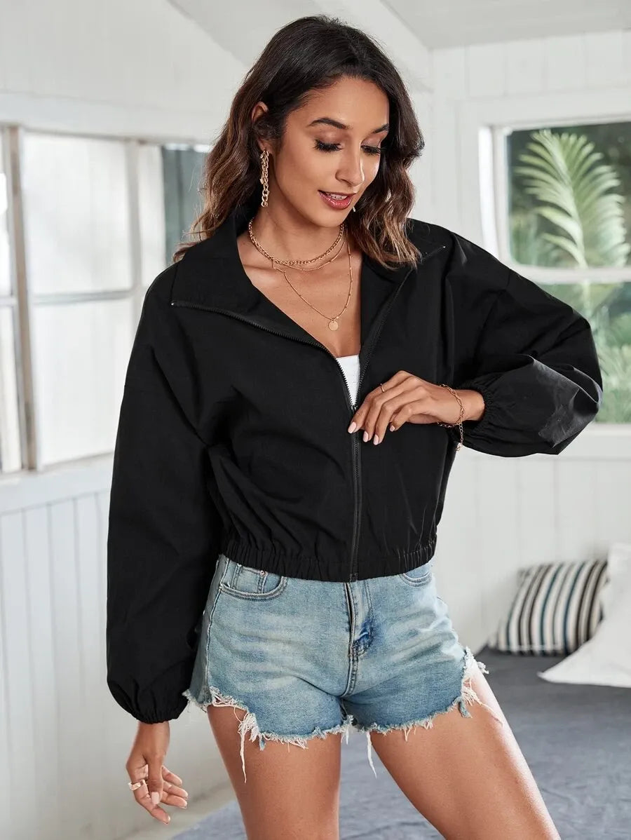 SHEIN Frenchy جاكيت سحاب بكتف منخفض