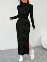 SHEIN EZwear فستان طويل ضيق بياقة عالية وأكمام طويلة وشق جانبي بلون أسود
