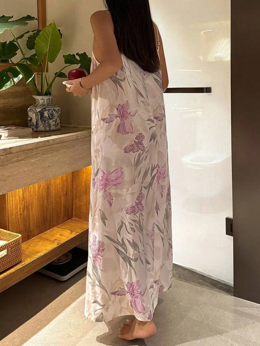 SHEIN DAZY فستان نوم طويل بلون أرجواني بنقشة زهور وقصة فضفاضة