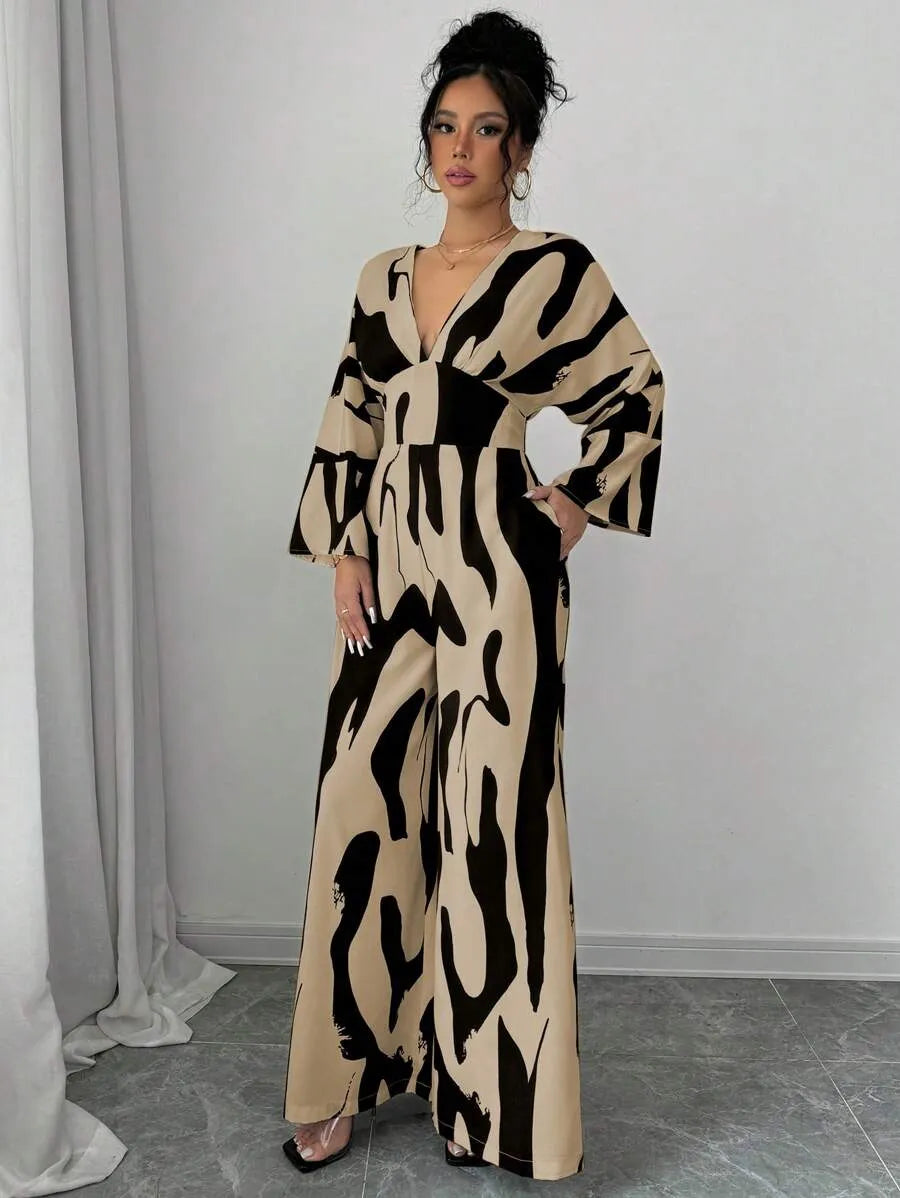 SHEIN Rafferiza جمبسوت نسائي بفتحة غير متناسقة وياقة وساق واسعة بلون كاكي