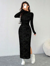 SHEIN EZwear فستان طويل ضيق بياقة عالية وأكمام طويلة وشق جانبي بلون أسود
