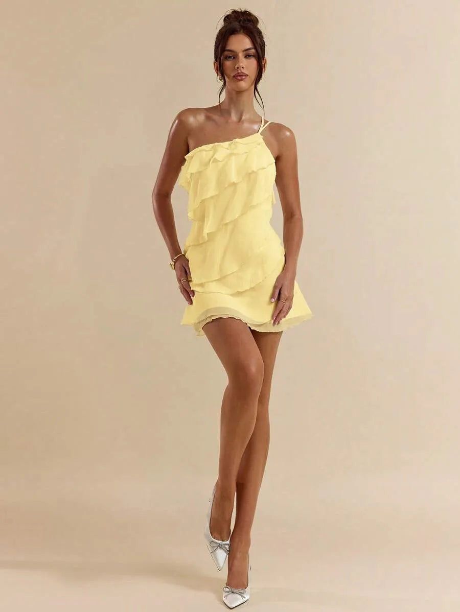 SHEIN BAE فستان بلون أصفر ميني بطبقات متعددة وبظهر مكشوف