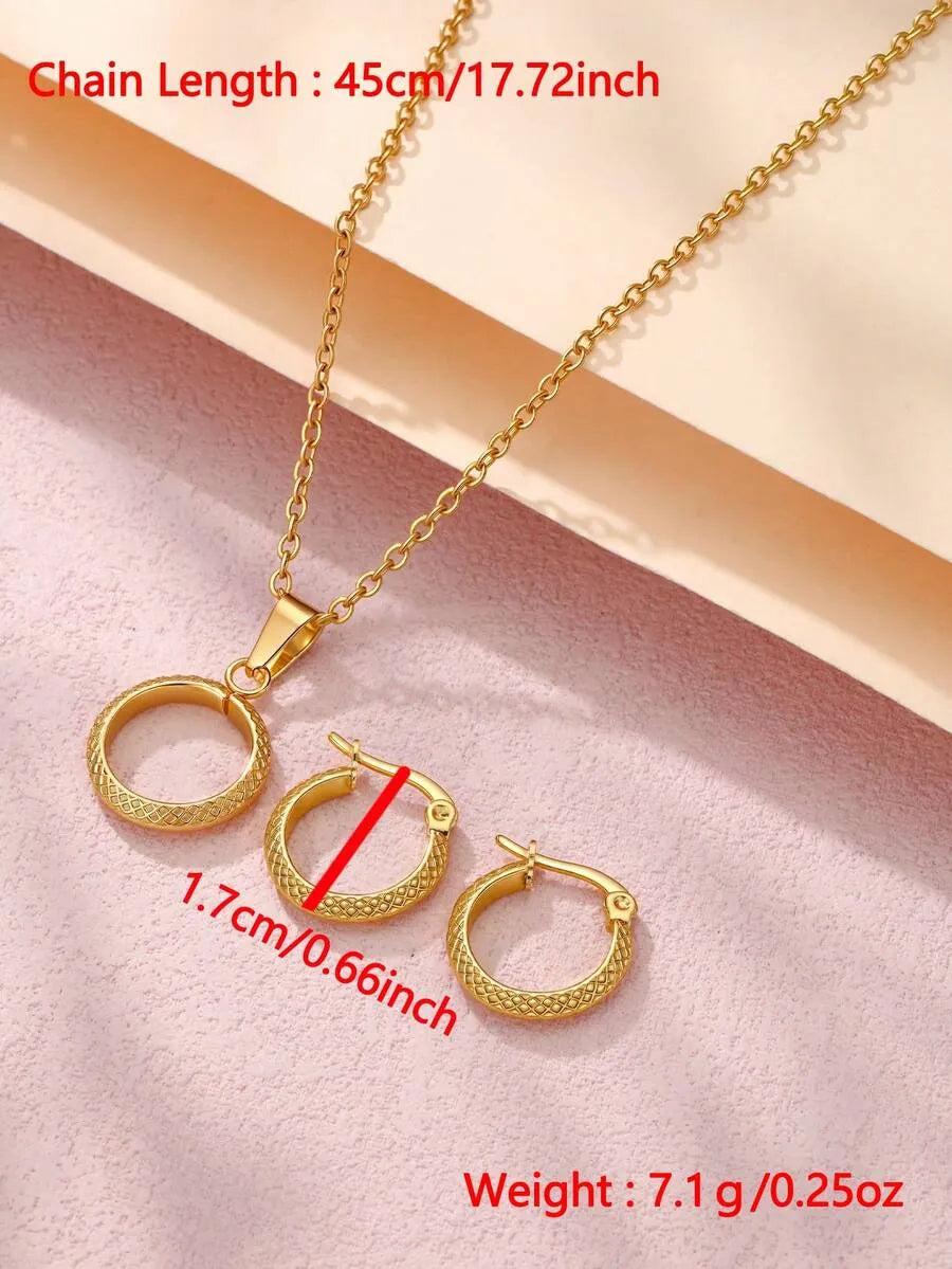 SHEIN طقم مجوهرات نسائي 3 قطع قلادة وأقراط وخاتم بتصميم دائري بلون ذهبي