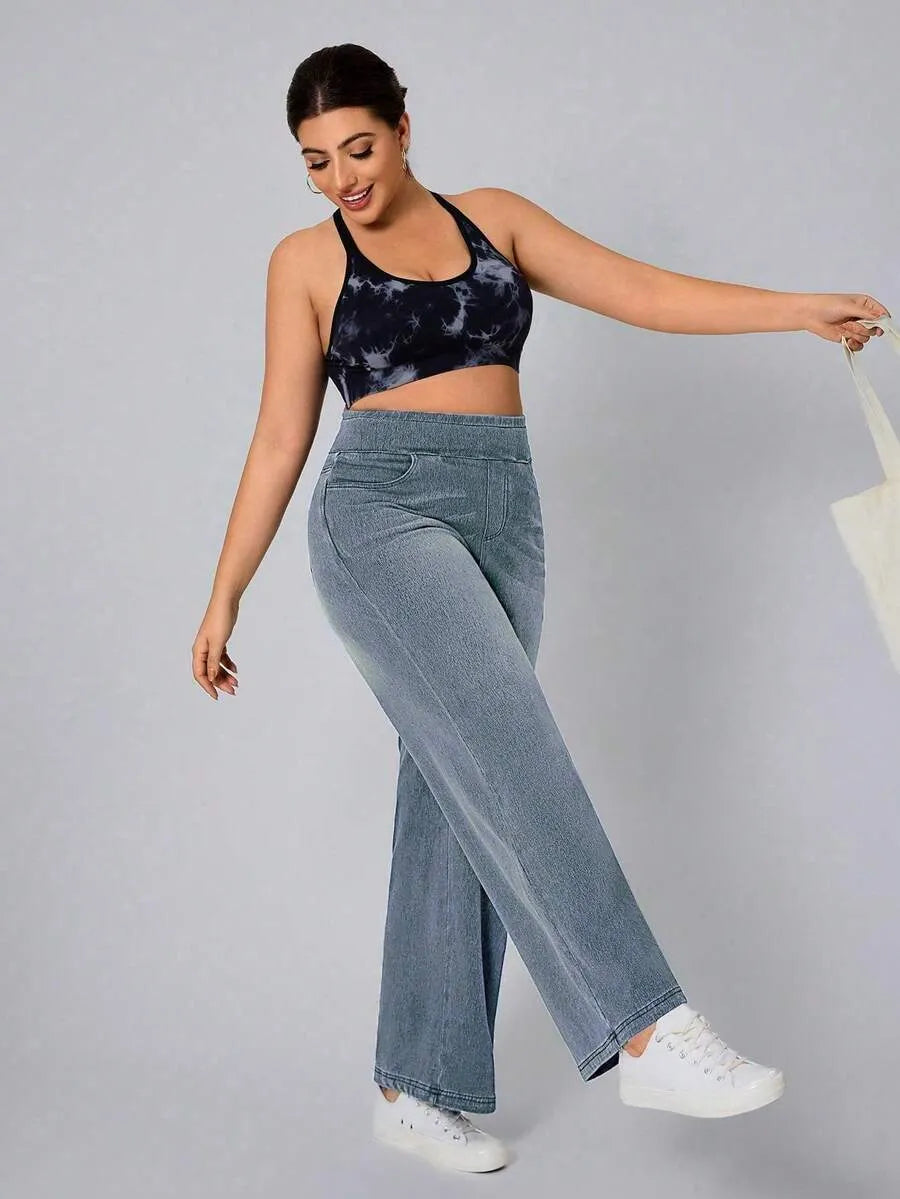 SHEIN Flexra جينز دينم مرن بخصر عالٍ وقصة مستقيمة بلون أزرق ضبابي