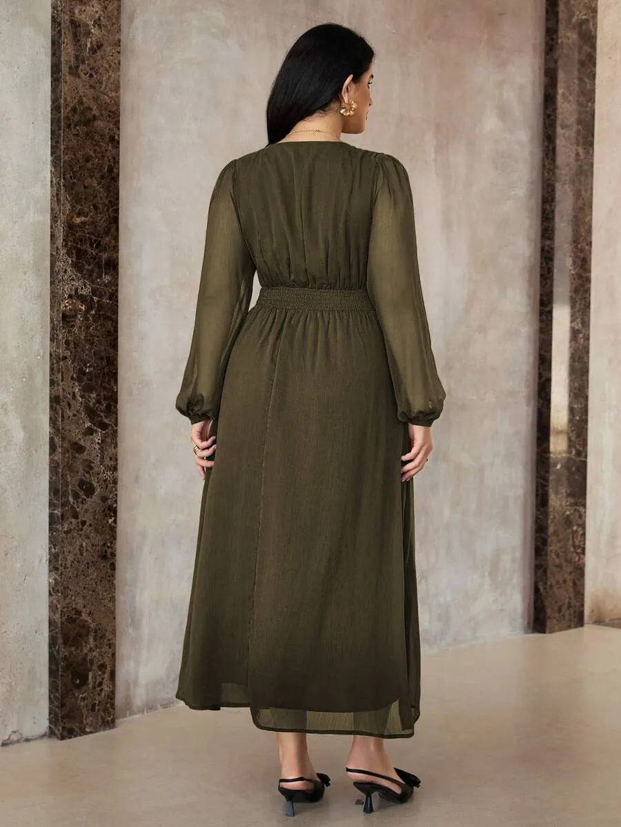 SHEIN Roveilla فستان نسائي بياقة وتفاصيل كشكش وخصر ملتف بلون أخضر عسكري