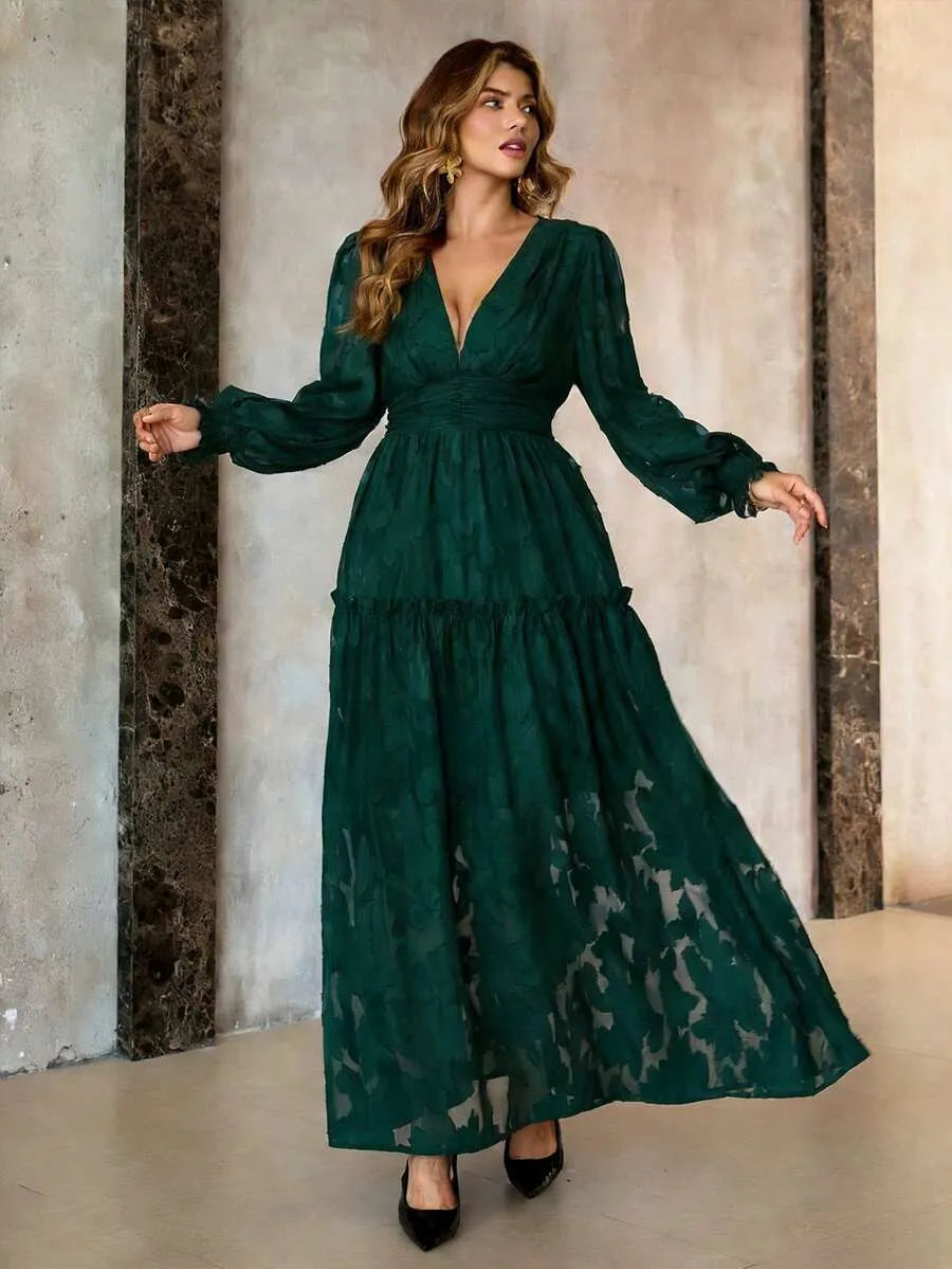 SHEIN Roveilla فستان طويل بياقة عميقة وأكمام واسعة وشفافة جزئيًا بلون أخضر داكن