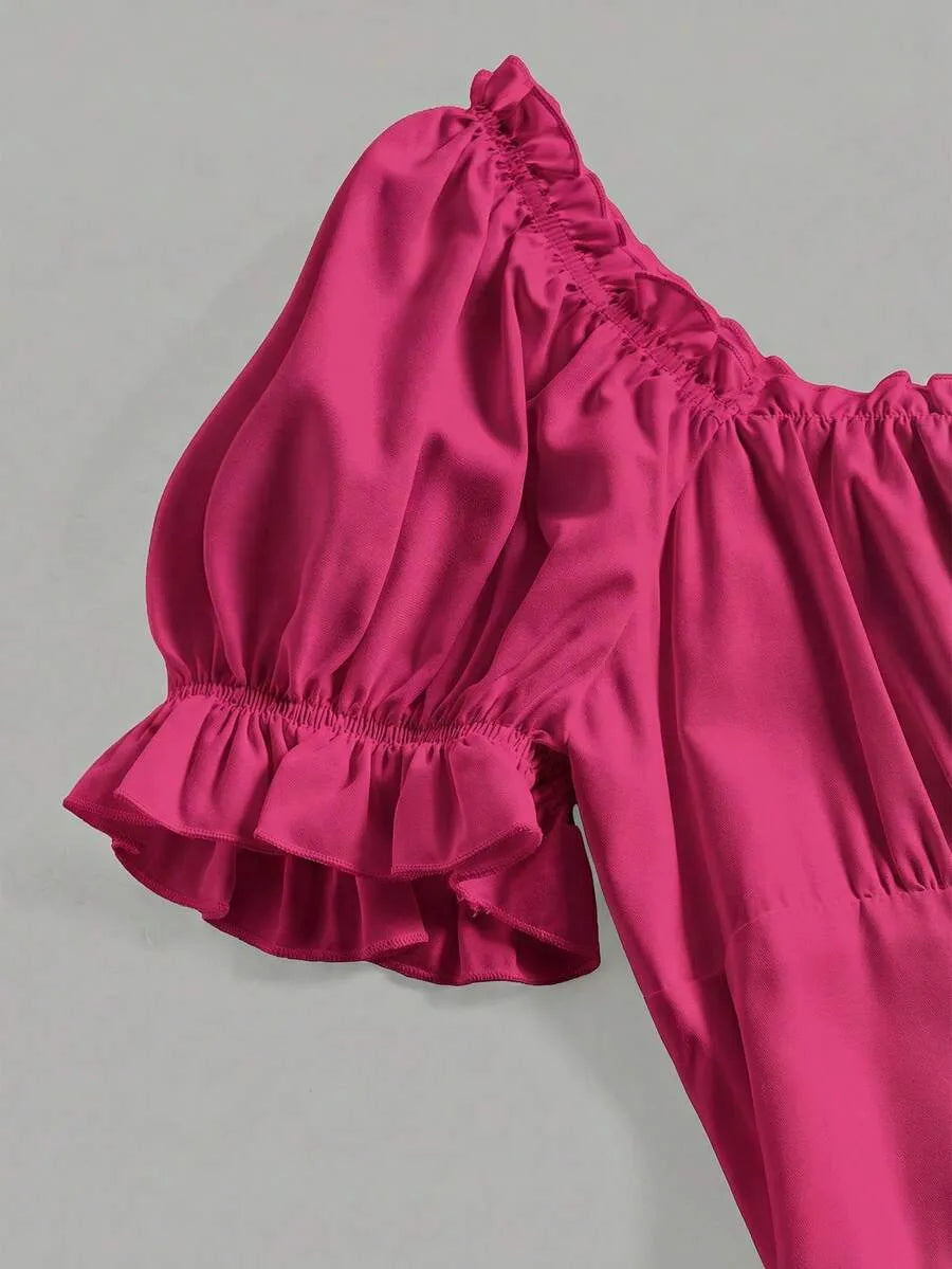 SHEIN MOD فستان طويل بياقة مربعة وأكمام قصيرة وكشكش بذيل غير متماثل بلون وردي أحمر