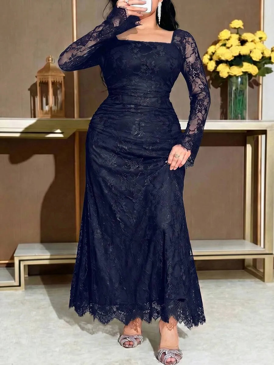 SHEIN Feyla فستان نسائي من الدانتيل بياقة وأكمام طويلة بلون أزرق بحري