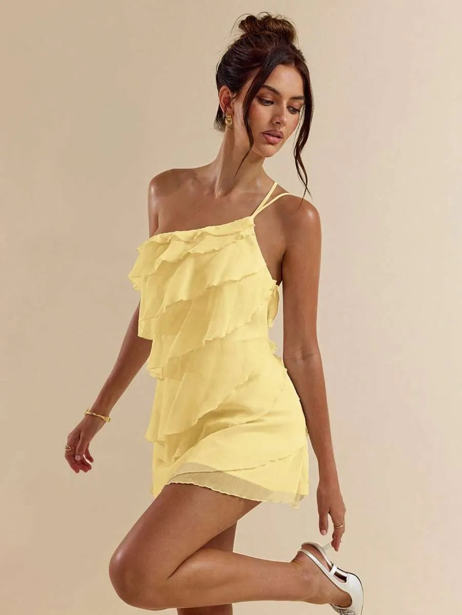 SHEIN BAE فستان بلون أصفر ميني بطبقات متعددة وبظهر مكشوف