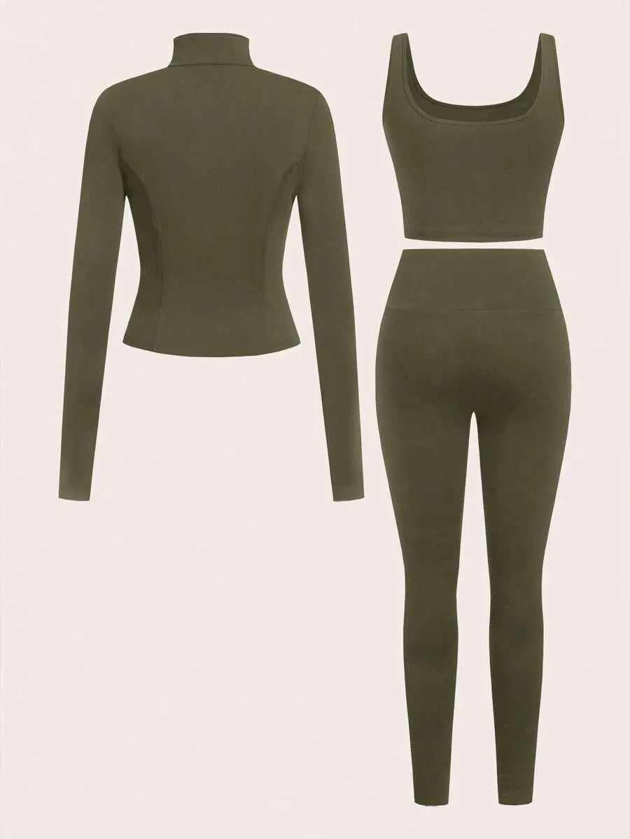 SHEIN EZwear طقم رياضي نسائي 3 قطع جاكيت بسحاب وتوب قصير وليجنز بلون أخضر عسكري
