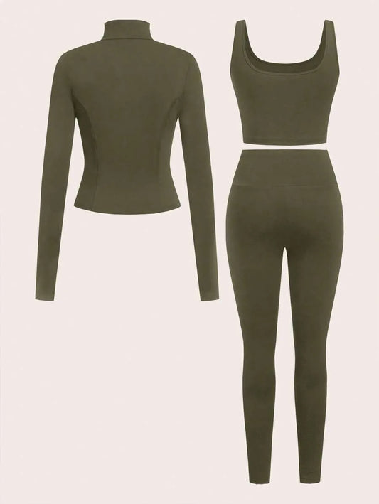 SHEIN EZwear طقم رياضي نسائي 3 قطع جاكيت بسحاب وتوب قصير وليجنز بلون أخضر عسكري