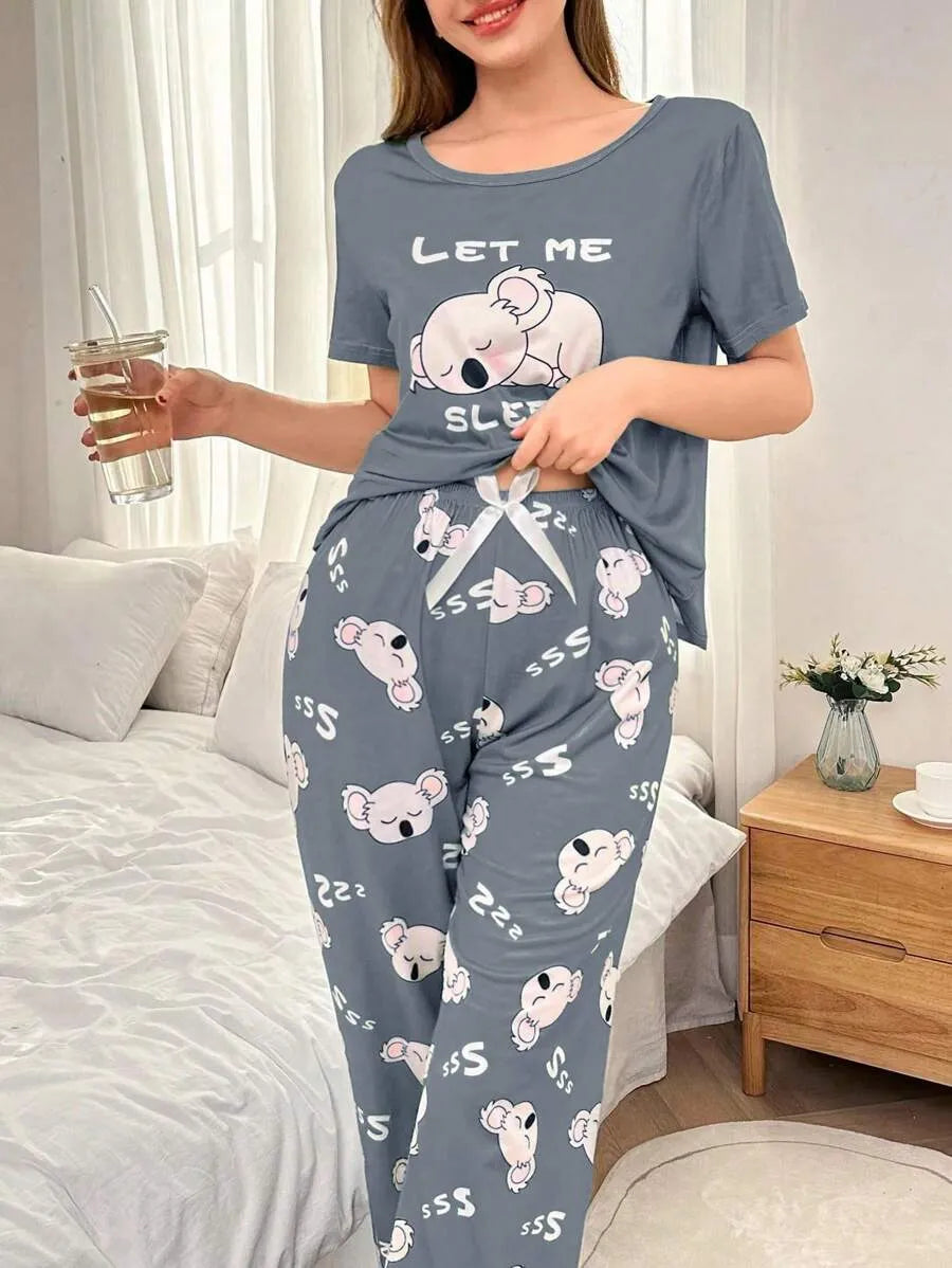 SHEIN Dream Adore بيجامة 2 قطعة بلون متعدد الألوان وأكمام قصيرة وبنطلون طويل