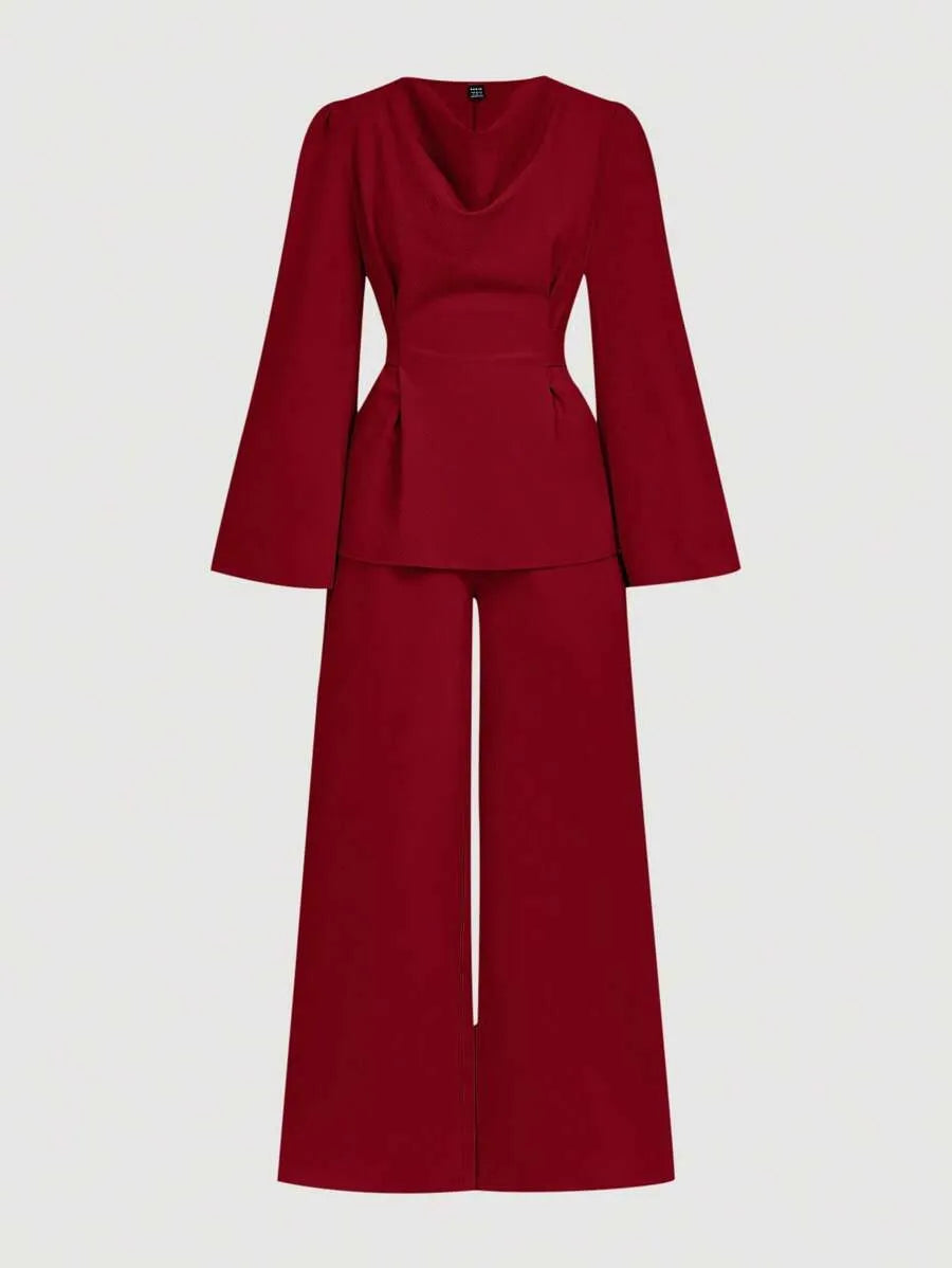 SHEIN Firerie طقم نسائي قطعتين بلوزة بأكمام طويلة وتفاصيل دانتيل وبنطال طويل بلون أحمر