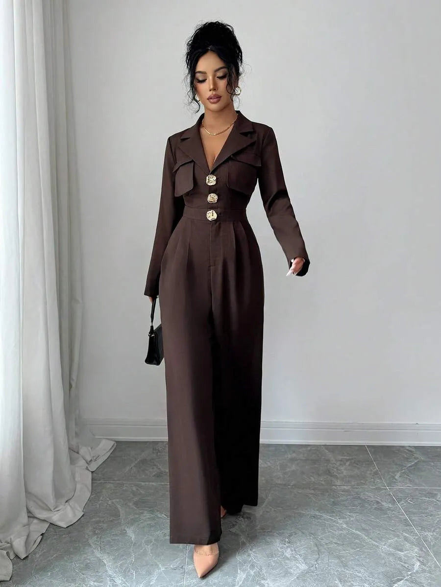 SHEIN Elenzya جمبسوت نسائي بياقة وأزرار أمامية وجيوب بلون بني